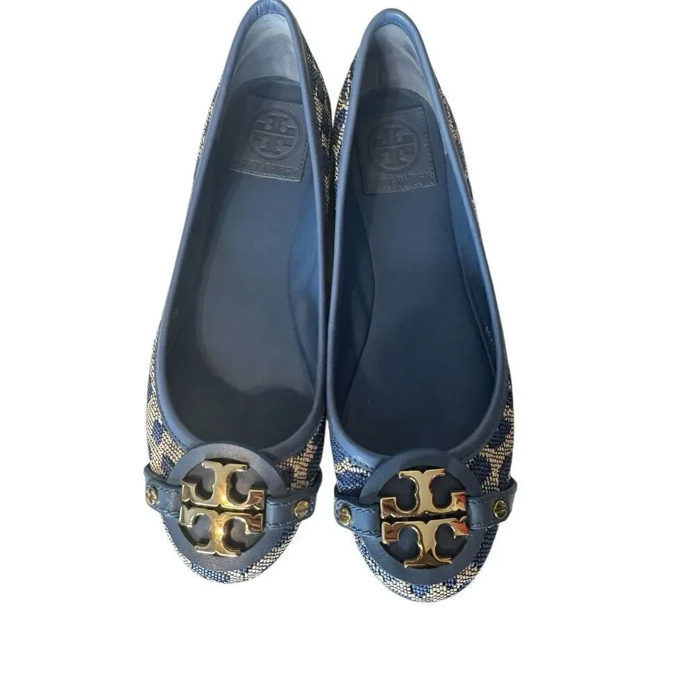 TORY BURCH AADEN Ballet Flat Leopard Raffia Leather Gold Logo Women's US 6.5